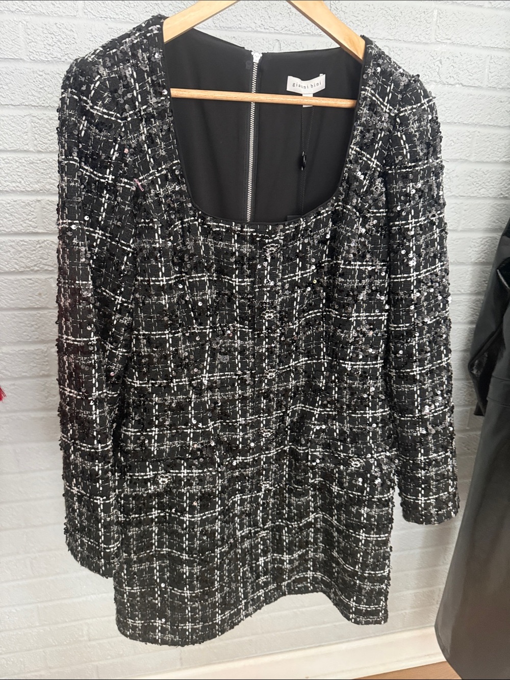 Gianni Bini Black & White Tweed Long Sleeve Shift Dress